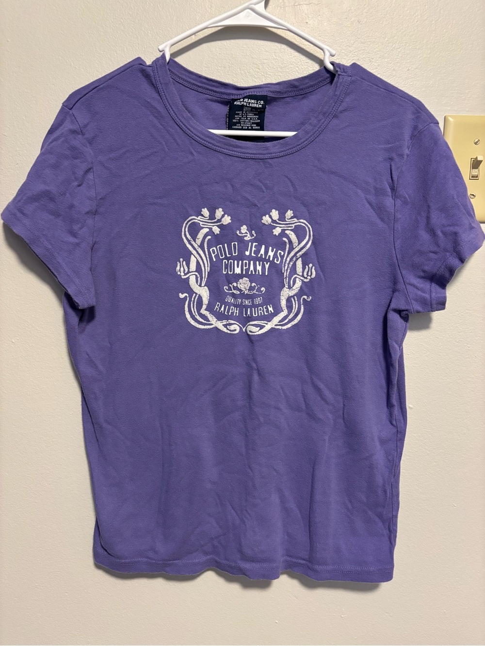 Y2K Ralph Lauren purple short sleeve baby tee with graphic design size XL